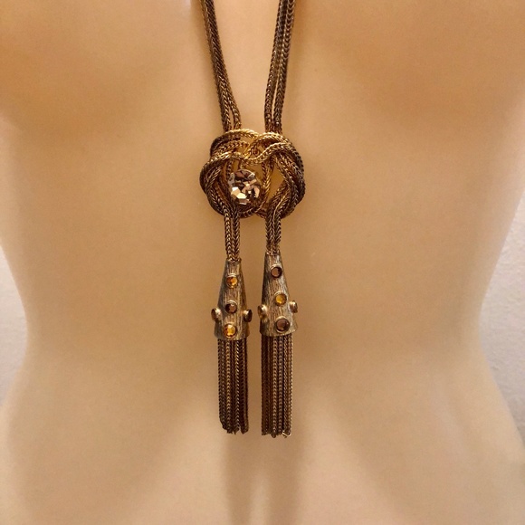 Vintage Gold Crystal Rhinestone Tassel Necklace - Picture 4 of 9